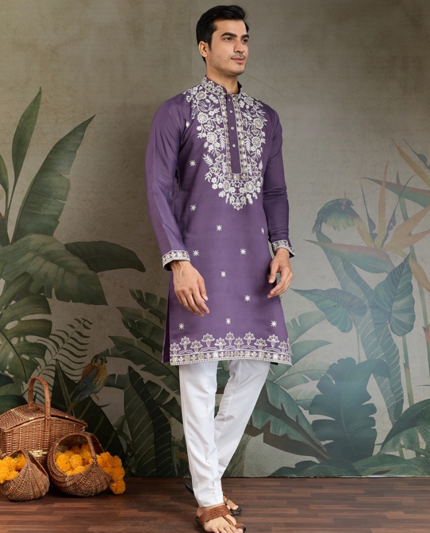 61321-purple - Purple Thread & Sequence Hand Embroidered Men’s Kurta Set